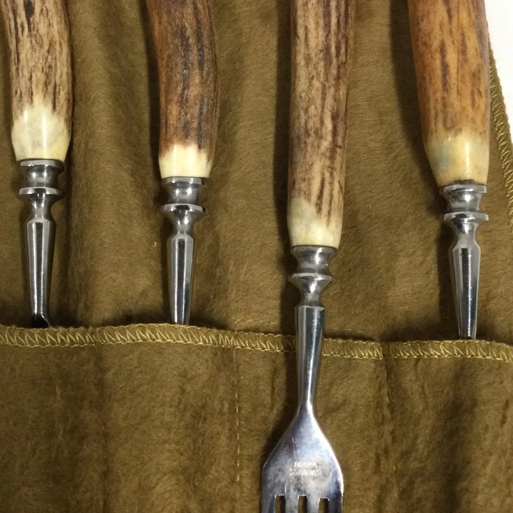 Vintage Stag Horn Flatware Antler Handle Steak Knife & Fork Set 12 Rustic Brown